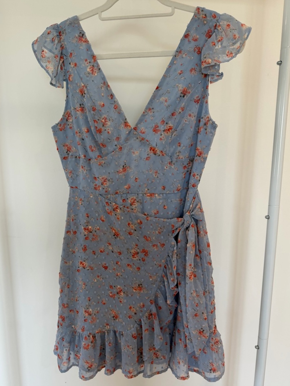 Blue Floral Wrap Mini Dress with Ruffle Hem